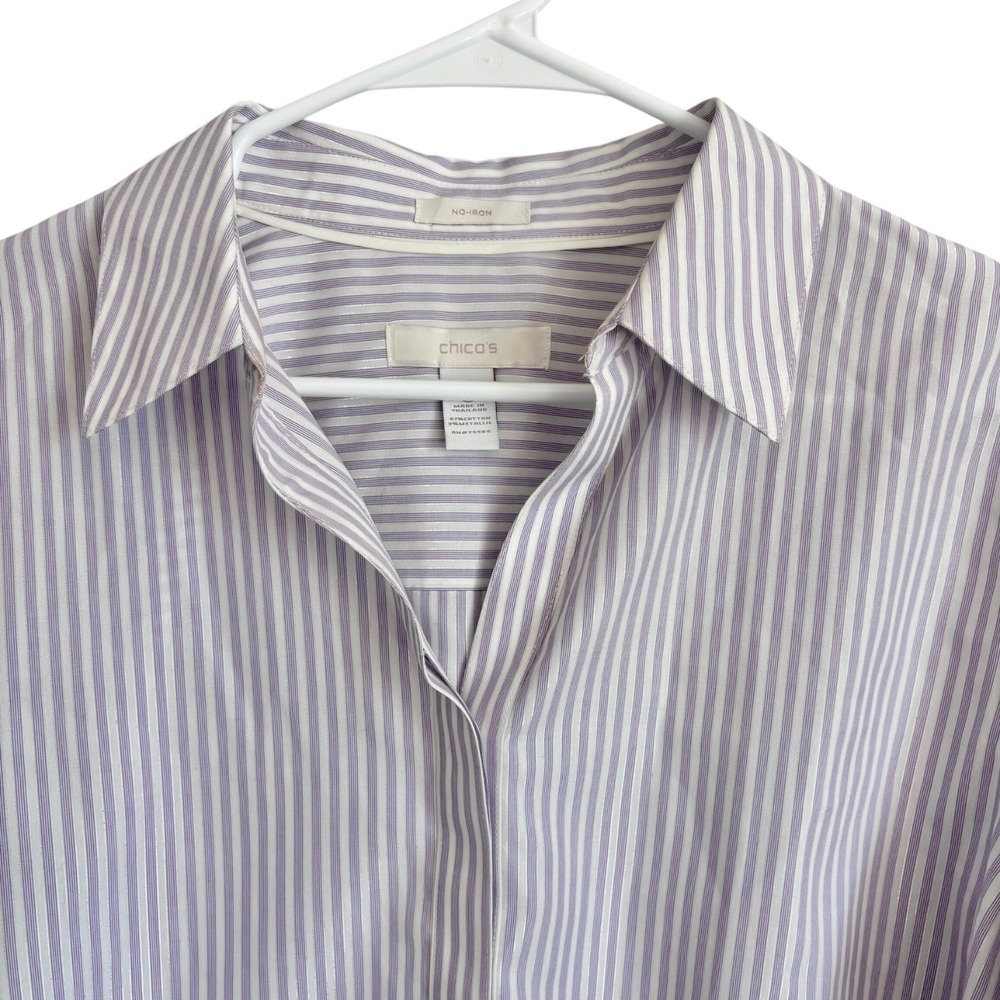 Chicos No Iron Button Up Shirt Sz 3 XL Purple White Striped Metallic 3/4 Sleeve